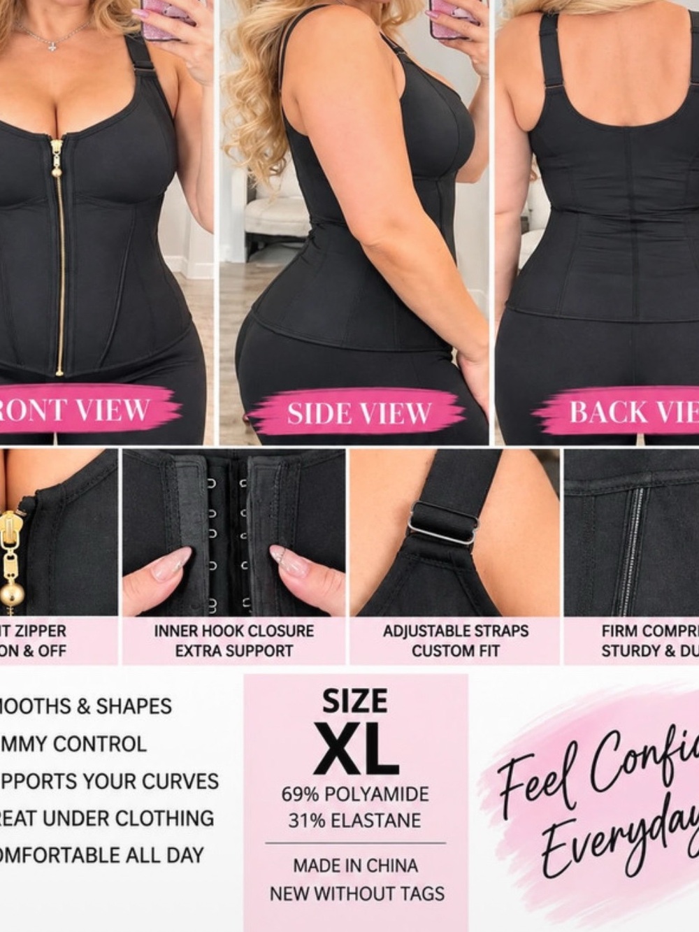 Black Waist Trainer Shapewear Bodysuit Corset – Size XL – Compression